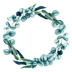 Wreath with Watercolor Eucalyptus Leaves