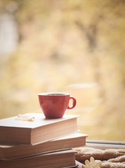 Hot coffee in the background of a window and autumn nature.