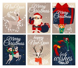 Vector illustration set of Christmas and New Year congratulation cards with traditional winter holiday symbols - Santa Claus, elf and reindeer for festive greeting design in flat cartoon style.