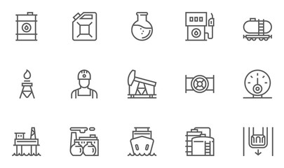 Oil and Petrol Industry Vector Line Icons Set. Gas Station, Oil Factory, Gas Carrier, Oil Well. Editable Stroke. 48x48 Pixel Perfect.