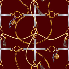 Seamless pattern with belts, chain and braid for fabric design. Vector.