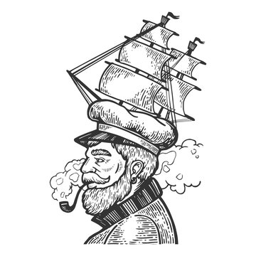 recommend clip art: Captain man with sailing ship hat and smoking pipe engraving vector illustration. Scratch board style imitation. Black and white hand drawn image.