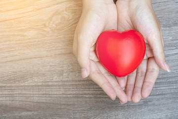Obraz premium red heart in young woman's hands. love and care concept. valentine concept, heart is plastic ball