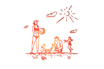Family, rest, beach, summer, vacation concept. Hand drawn isolated vector.