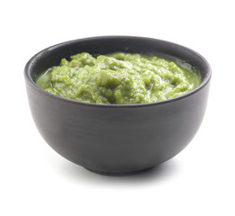 Tasty sauce in bowl on white background