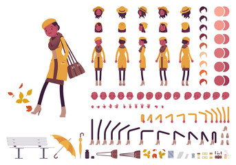 Stylish black woman in autumn clothes character creation set