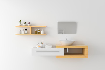 White basin on wooden shelf and mirror on wall, 3D rendering