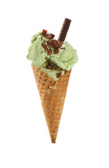 Waffle cone with delicious ice cream on white background