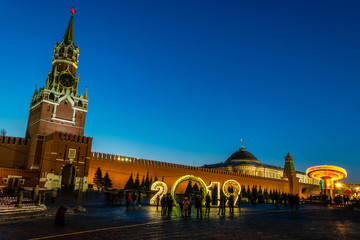 View of the Christmas and New Year decoration in the  Red Square, moving merry-go-round. Long exposure.