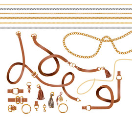 Set of the belt elements, chain and braid for fabric design. Vector.