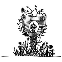 Bowl of fruit. Vector illustration of a cup with fruit, cornucopia symbol. Hand drawn large bowl of fruit.