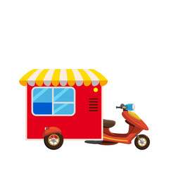 Scooter vector template for car branding and advertising isolated on white. Side view with stuff, Van for Brand Identity street cafe and Fast-Food transport. Isolated, flat cartoon style