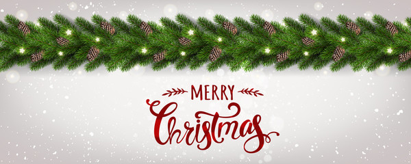 Merry Christmas text on white shiny background with garland of Christmas tree branches,  snowflakes, stars. Xmas and New Year card. Vector Illustration