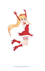 Joyful anime manga girl as Santa Claus in a jump