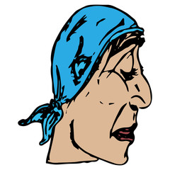Head in profile. Hand drawn elderly woman in a bandage. Vector illustration.