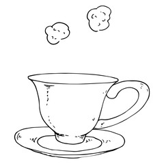 Tea mug with saucer and sugar cubes. Vector illustration of a tea cup and saucer. Hand drawn cup of tea with a saucer.