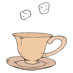 Tea mug with saucer and sugar cubes. Vector illustration of a tea cup and saucer. Hand drawn cup of tea with a saucer.