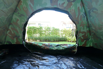 inside view looking through door of tent camping