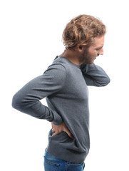 Young man suffering from back pain on white background