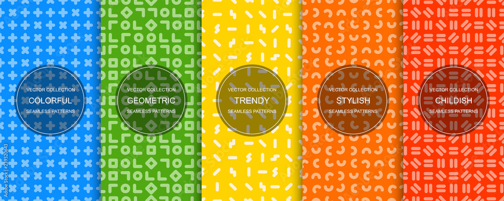Wall mural set of simple seamless geometric patterns - bright colorful minimalistic design. vibrant vector back