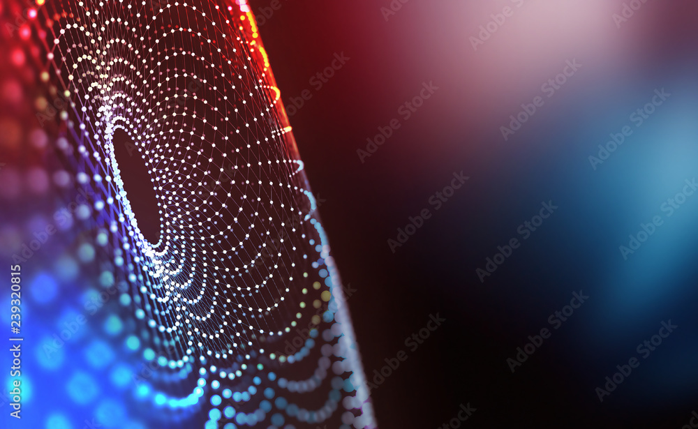 Poster Big Data concept. Global information gathering. Introduction of artificial intelligence. Concept of cyberspace of the future. 3D illustration on a polygonal grid with a shallow depth of field