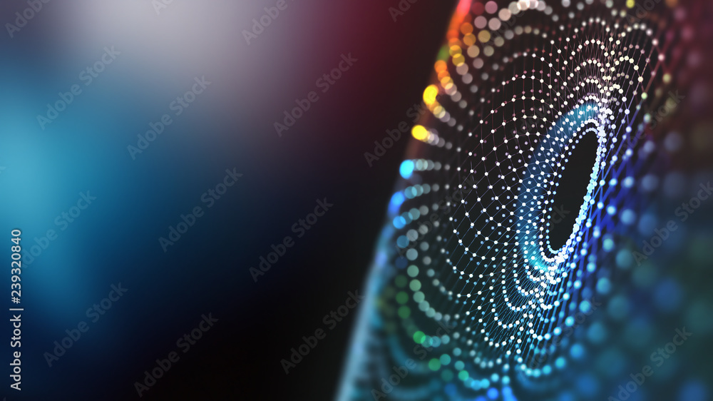 Poster Big Data concept. Global information gathering. Introduction of artificial intelligence. Concept of cyberspace of the future. 3D illustration on a polygonal grid with a shallow depth of field