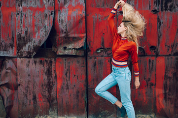 Lifestyle fashion portrait of young beautiful cute girl model.  Odd bizarre strange unusual cute...