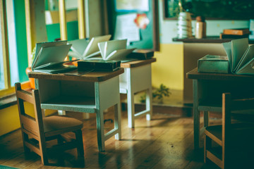 Student desks in the classroom.