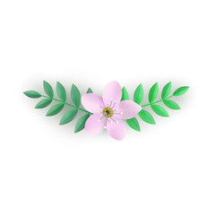 Fototapeta premium Vector illustration of floral composition for romantic design - pink flower with green leaves in flat style. Isolated beautiful decorative element with elegant blossoms.