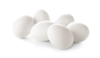 Raw chicken eggs on white background