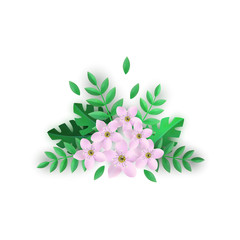 Floral composition vector illustration with beautiful pink flowers and green leaves in flat style isolated on white background - tender blooms with foliage for romantic design.
