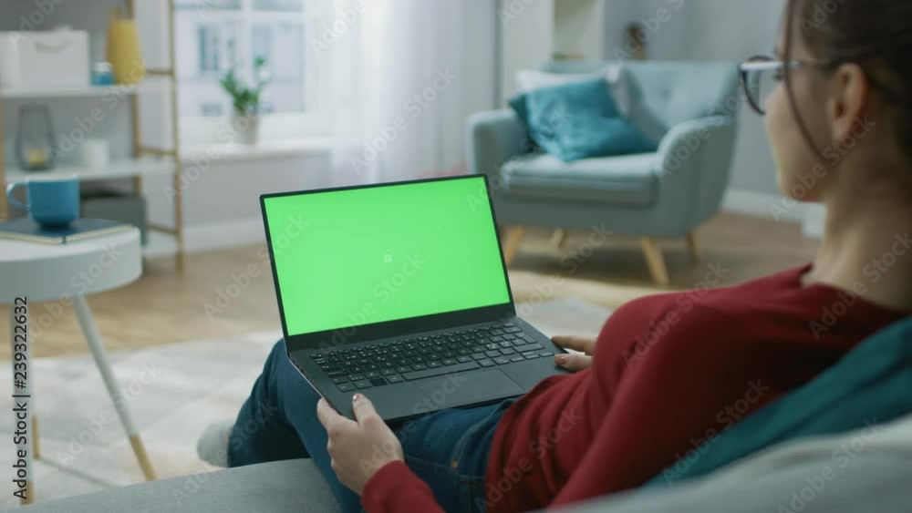 Poster young woman at home sitting on a couch works on a laptop computer with green mock-up screen. girl us