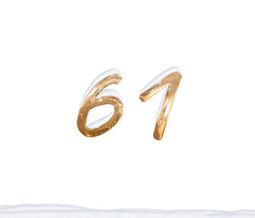 Gold Number 61 with Snow on white background