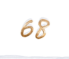Gold Number 68 with Snow on white background