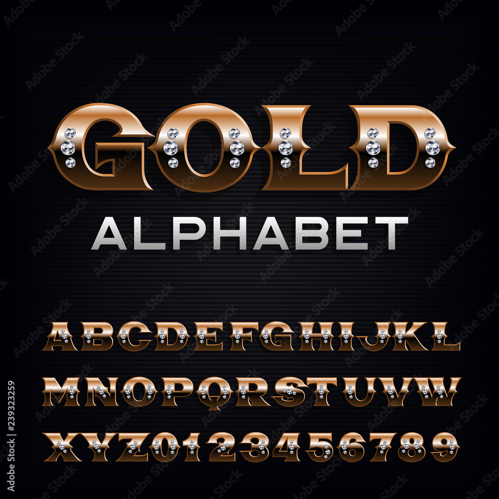 Aufkleber ornate gold alphabet font. fancy golden letters and numbers with diamonds. stock vector typescript f