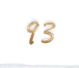 Gold Number 93 with Snow on white background