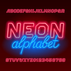 Red neon tube alphabet font. Neon color uppercase oblique  letters and numbers. Stock vector typescript for your design.