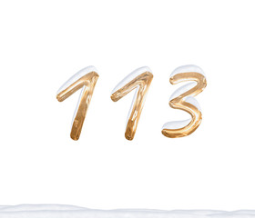 Gold Number 113 with Snow on white background