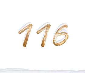 Gold Number 116 with Snow on white background