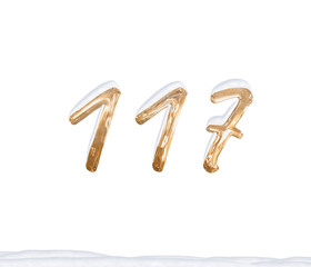Gold Number 117 with Snow on white background