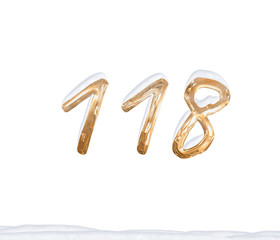 Gold Number 118 with Snow on white background