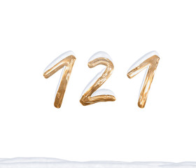 Gold Number 121 with Snow on white background