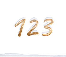 Gold Number 123 with Snow on white background