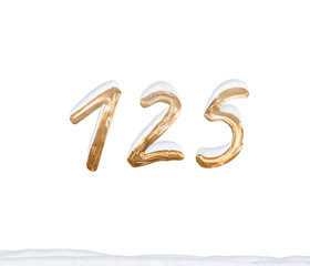 Gold Number 125 with Snow on white background