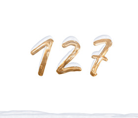 Gold Number 127 with Snow on white background