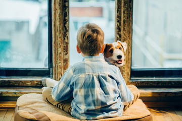 Back of blond finn boy looking out the window and hugs his friend jack russel terrier. School age...