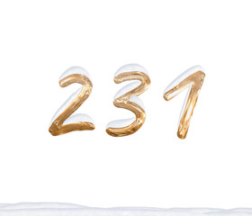 Gold Number 231 with Snow on white background