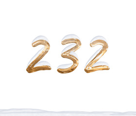 Gold Number 232 with Snow on white background