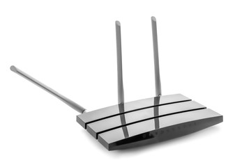 Modern wi-fi router on white background