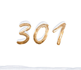 Gold Number 301 with Snow on white background